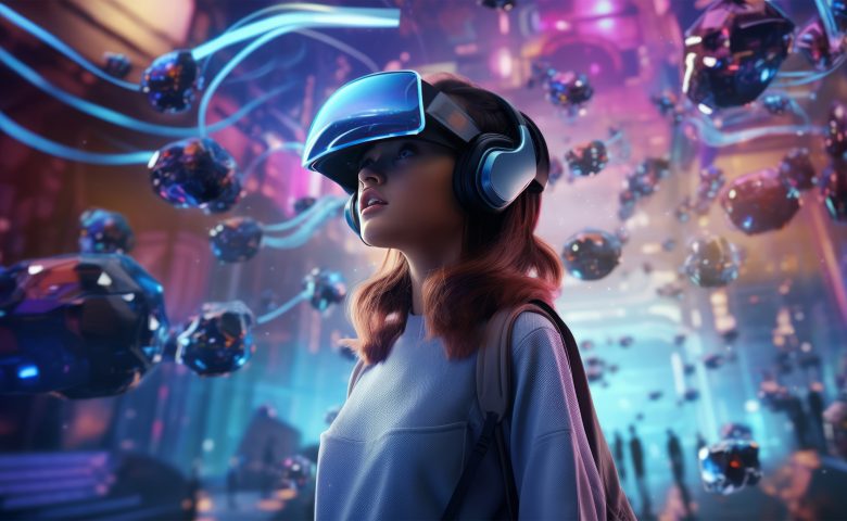 HMDを装着しVRシミュレーターの世界に没頭する女性の画像